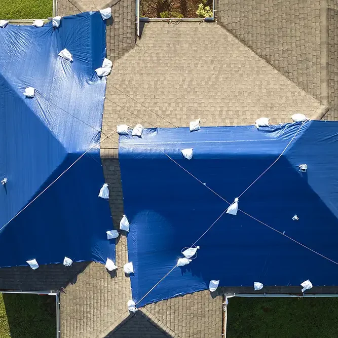 aerial view damaged hurricane ian house roof covered with blue protective tarp against rain water leaking until replacement asphalt shingles